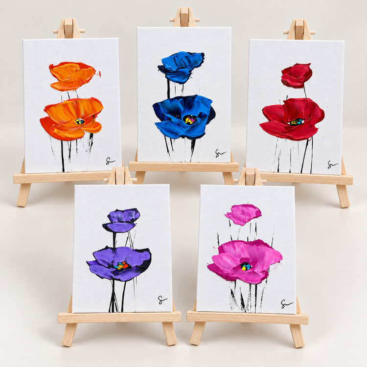 All five Sam Glenn 4x6 poppy paintings displayed on wooden easels