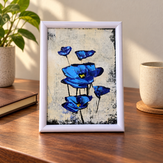 Styled desk preview of blue poppies cream background; decorative items not included