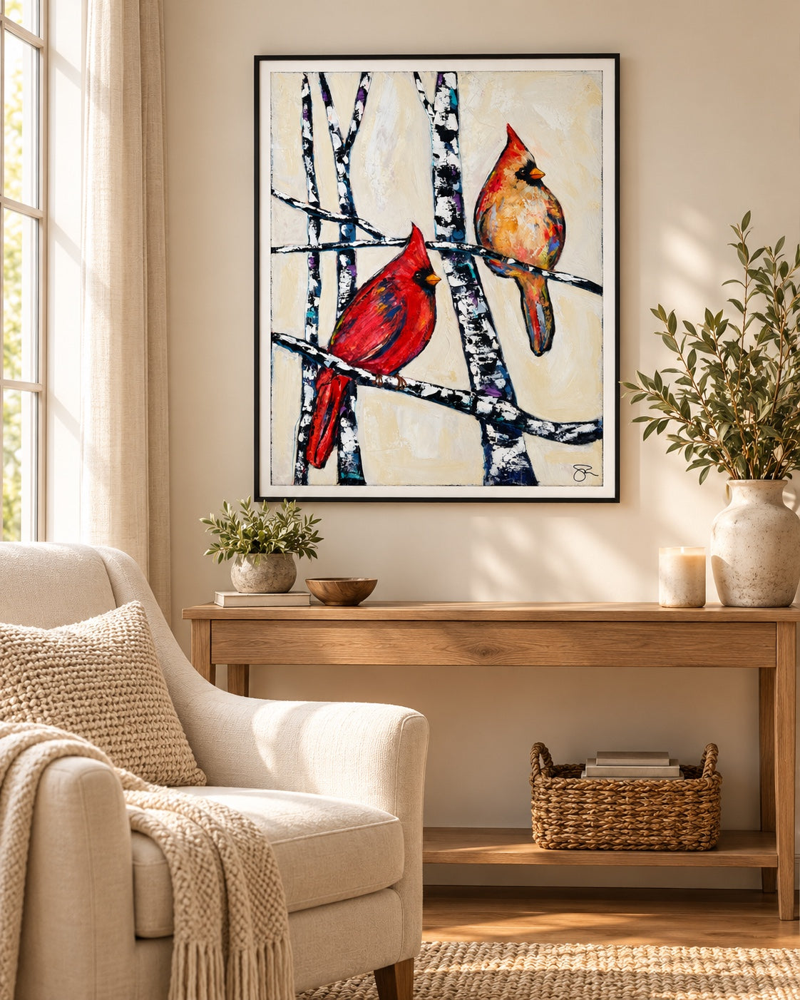 Cardinals print displayed in a room. Frame not included.