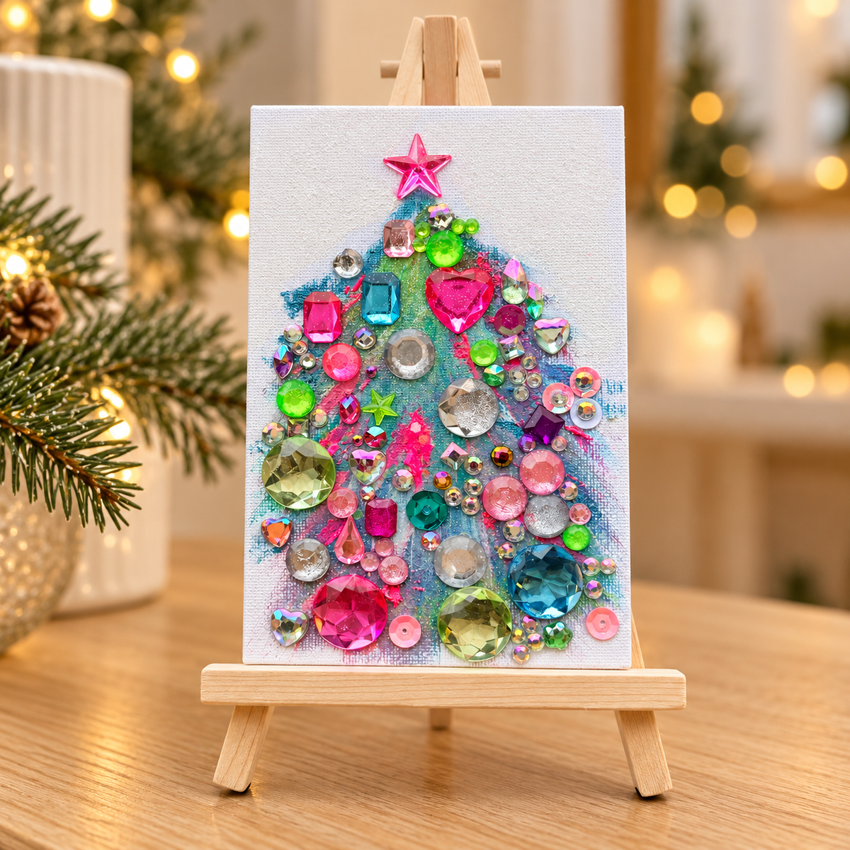 Christmas Wishes original 4 × 6 jeweled tree with included easel in holiday setting