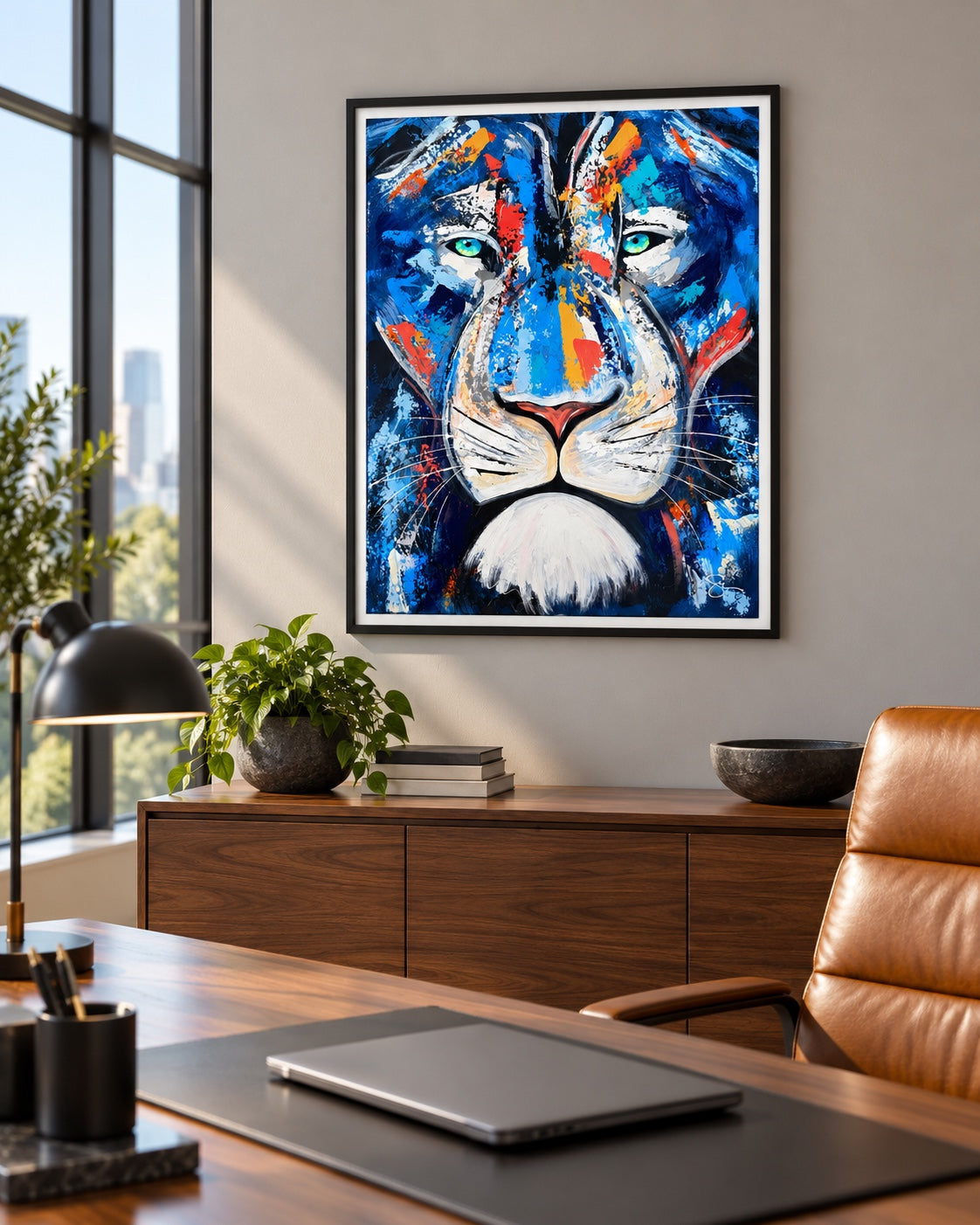 Lion print displayed in an office. Frame not included.