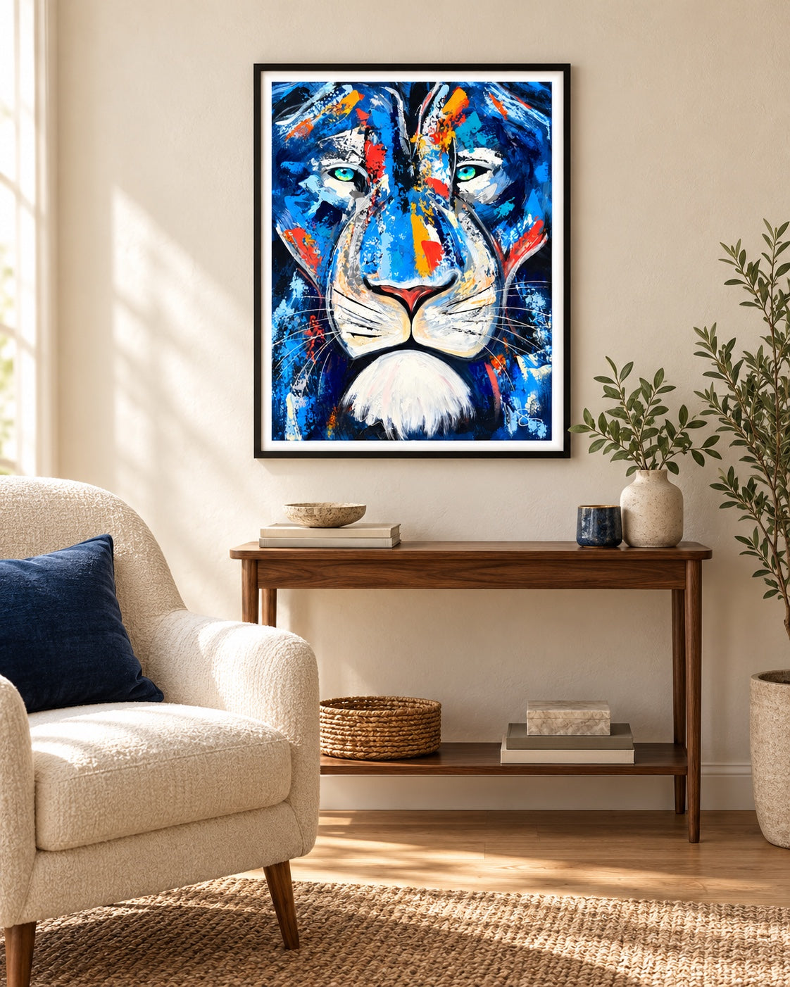 Lion print displayed in a room. Frame not included.
