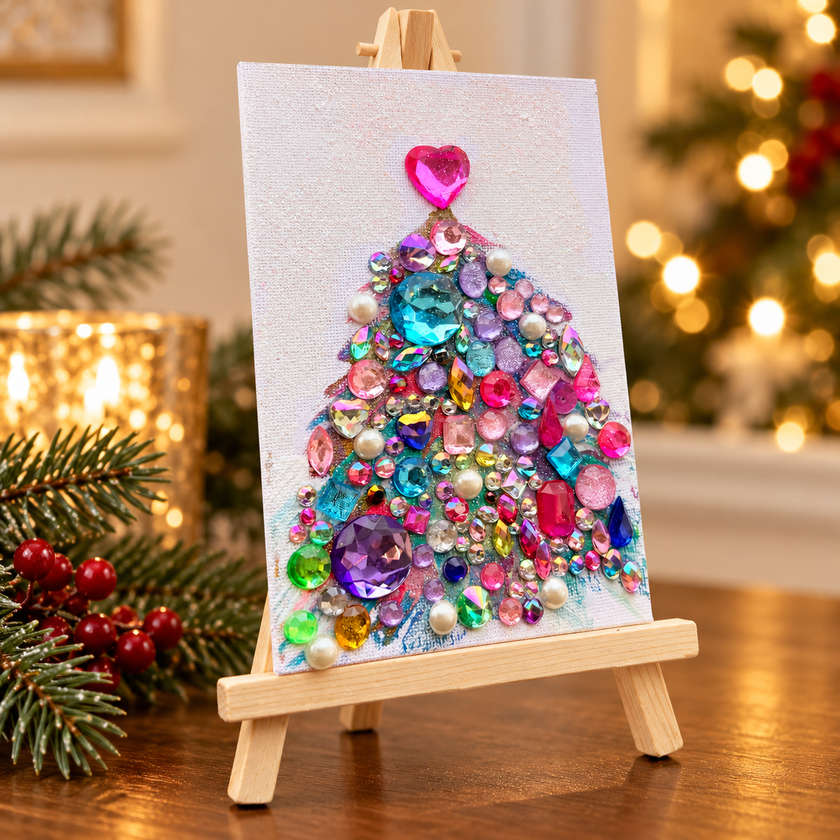 A Little Christmas Love original 4 × 6 jeweled tree with included easel in holiday setting