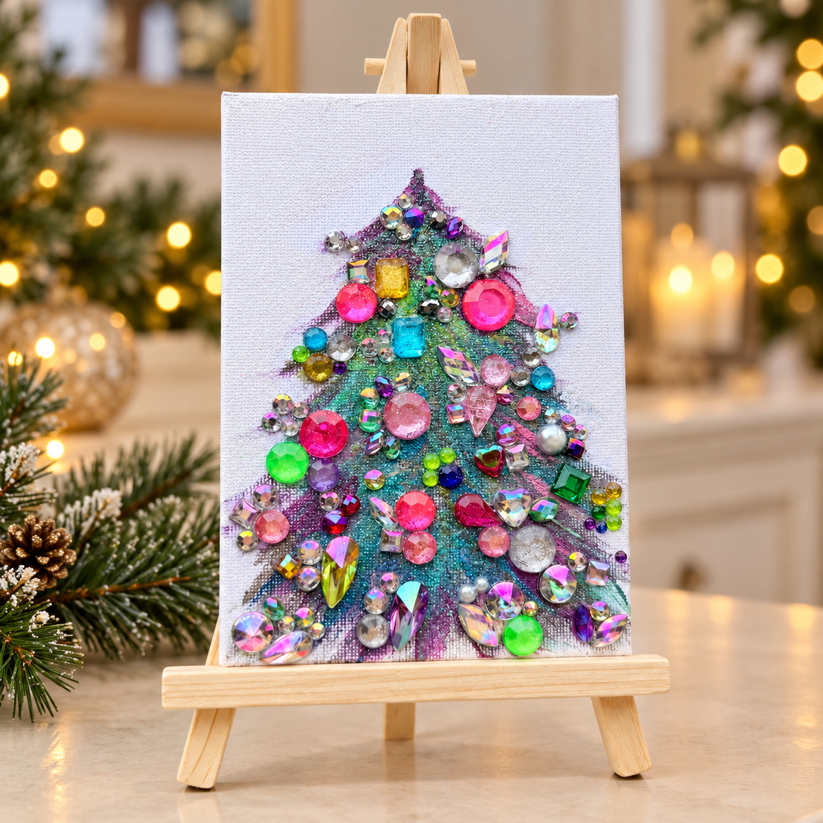 Merry and Bright 4 × 6 original art with included easel in holiday setting