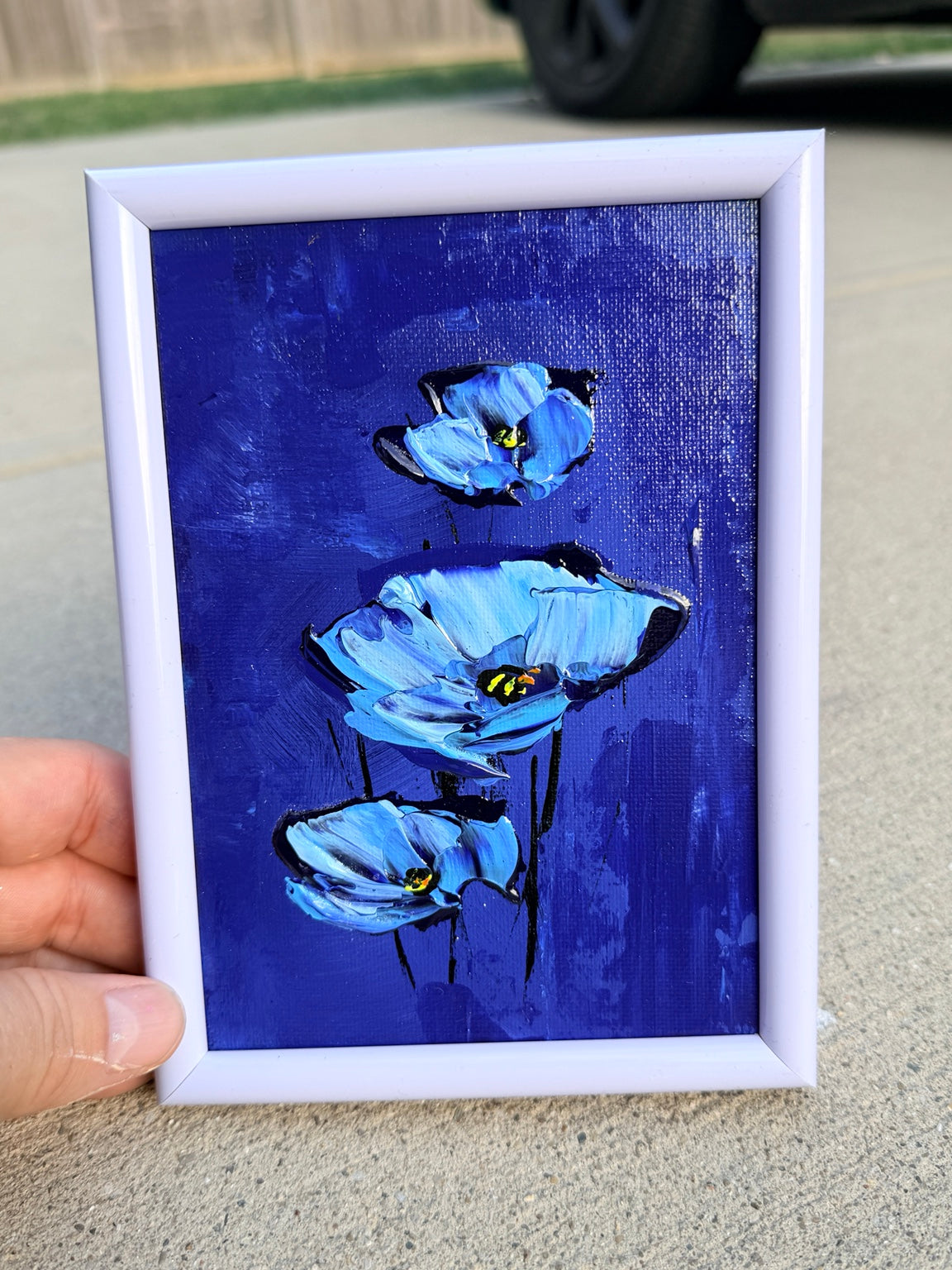 Actual original 5x7 blue poppy painting in included white frame by Sam Glenn