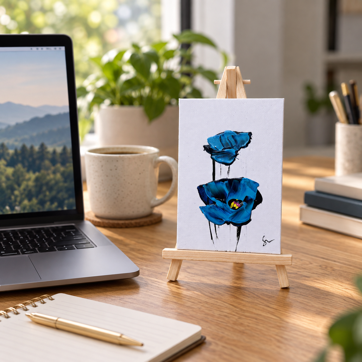 Blue Sam Glenn 4x6 poppy painting displayed on its wooden easel on an office desk