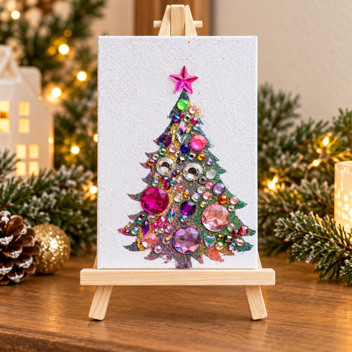 Shine a Little original 4 × 6 jeweled tree with included easel in holiday setting